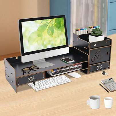 SENDERPICK Supporto per monitor da scrivania, supporto per monitor da scrivania con cassetti, vassoi, area di stoccaggio, supporto girevole con chiavi e manopole per appoggiare monitor, libri, cibo, penne, ecc.