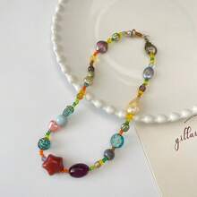 Colorful Glass Beaded Star Necklace -  Dopamine New Chinese Retro, 2025  Unique Collar Chain, Elegant Neck Jewelry For Women's Party Daily Looks - 多巴胺串珠星星項鍊 - 查看 5