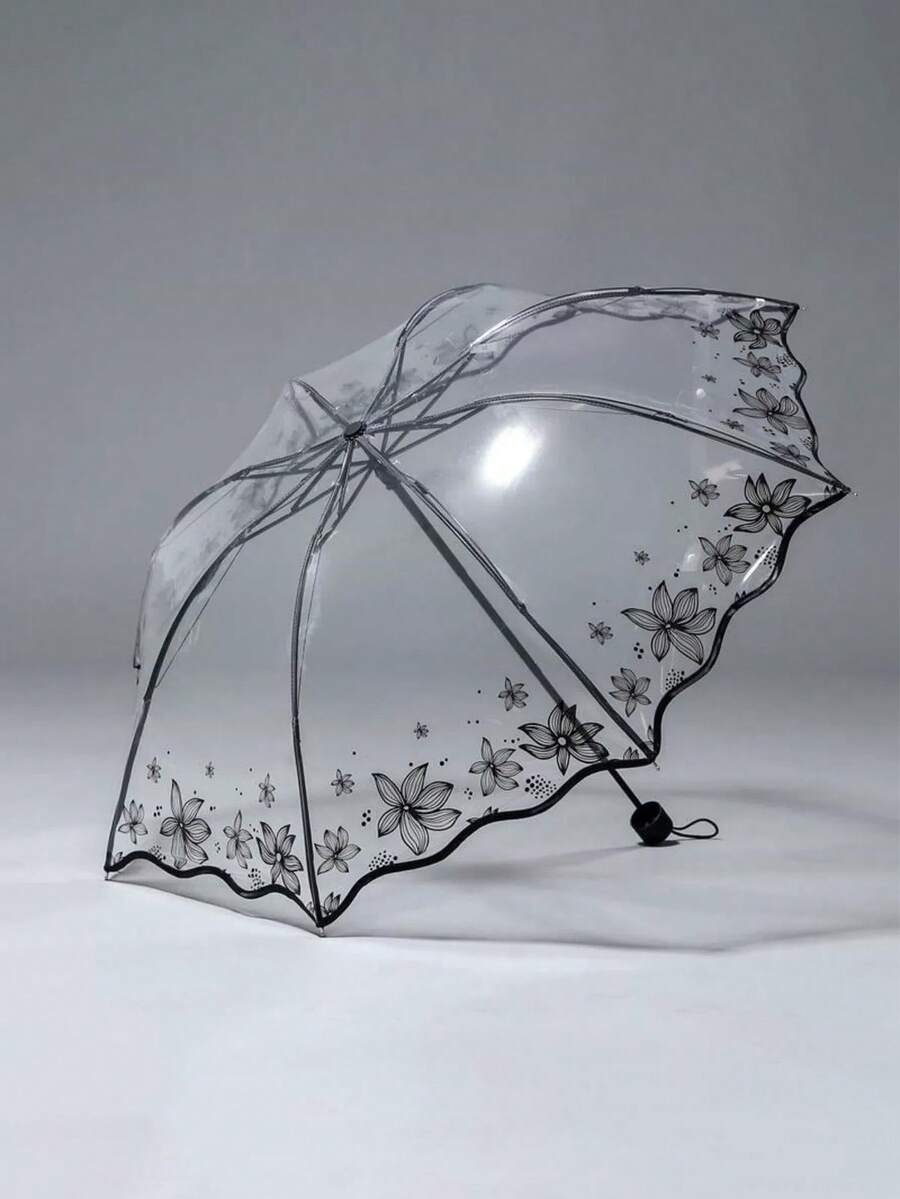 Floral Pattern Transparent Umbrella, Suitable For School, Office, Home, Travel, Back To School Supplies, Umbrella, Suitable For Men And Women, Durable Construction - Multicolor - View 1