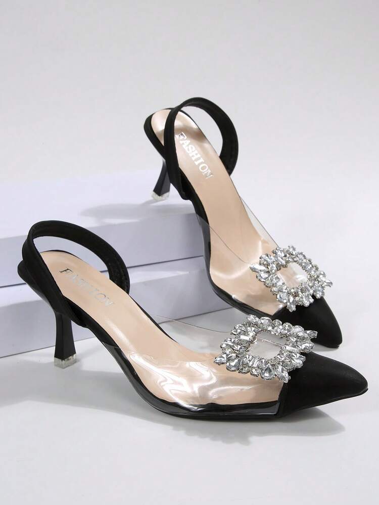 女士尖头高跟鞋，饰有水钻搭扣，弹性踝带设计，优雅性感镂空高跟鞋，派对装扮 - 黑色 - 查看 10