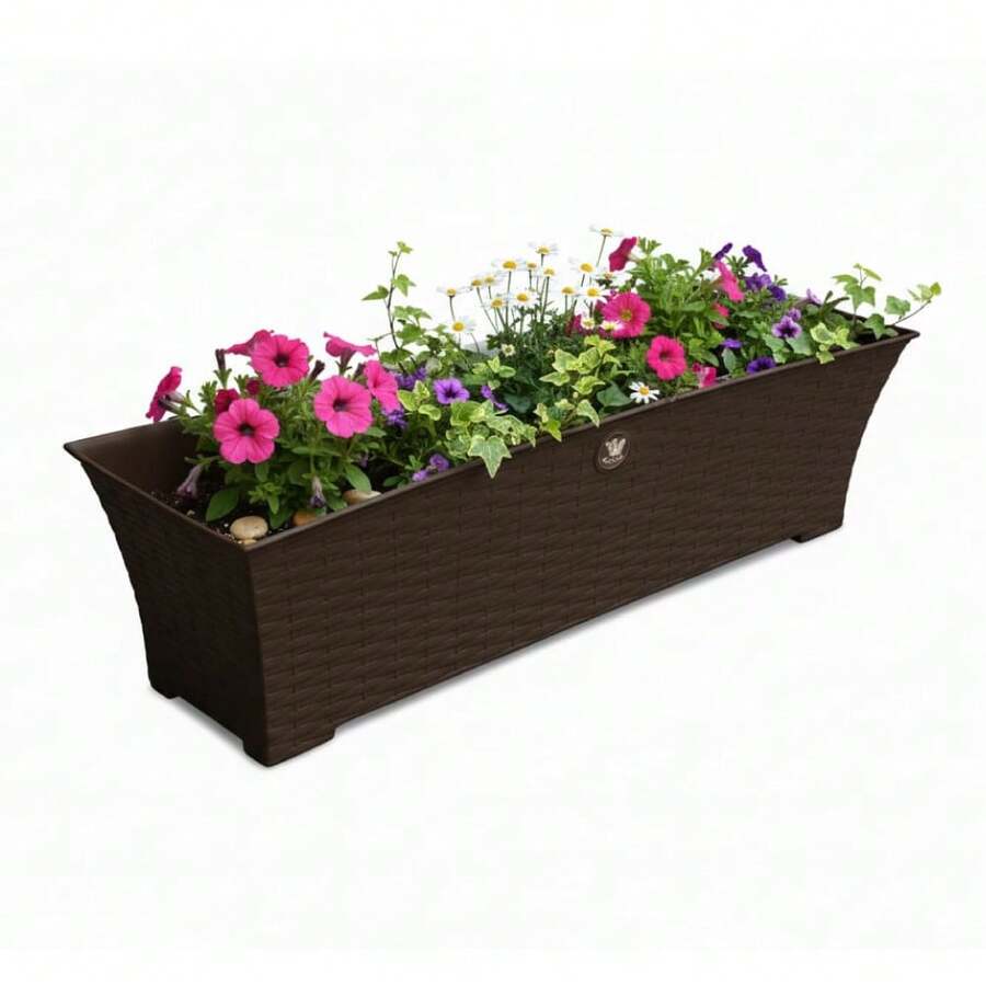 Jardinera Rattan maceta rectangular 9 litros plástico, recipiente decorativo y funcional para plantas de interior o exterior, diseño moderno y resistente, ideal para jardín, terraza, balcón o sala, fácil de transportar y limpiar, capacidad para gran variedad de especies botánicas, complemento perfecto para ambientar espacios verdes y fomentar el cuidado de plantas, recomendado para hogares familiares y oficinas. - Café integral - Ver 1