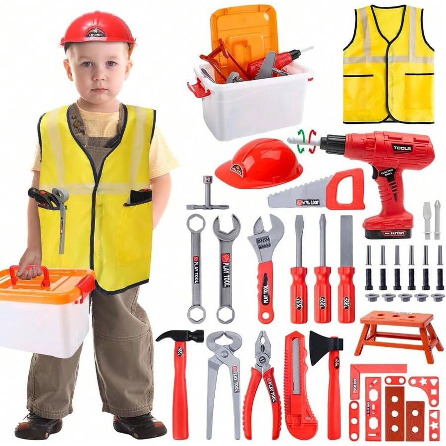 Nasjac Herramientas Juguete para Niños, 57Pcs Juego de Herramientas Niños con Chaleco,Taladro Eléctrico,Casco , Caja de Herramientas Construcción para Juego de Roles, Regalos de Navidad Niño