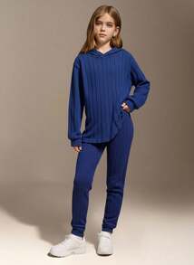 Hanevo Tween Girl Knitted Ribbed Hooded T-Shirt With Asymmetrical Hem, Matched With Tight Leggings, 2pcs/Set - Blue - View 1