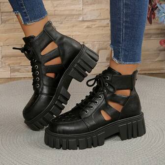 2025 New Spring/Summer/Autumn Hollow Breathable Platform Wedge Roman Sandals, Fashion All-Season Shoes With Front Lace-Up And Rear Zipper For Easy On/Off, Adjustable For Different Body Types, Multi-Functional High Wedge Heel, Suitable For Women's Daily Wear (Christmas, Holiday, Discount Day Essential)