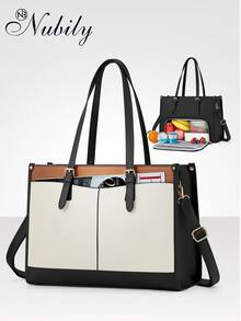 Insulated Lunch Tote Bag For Women With 15.6 Inch Laptop Compartment, Multifunctional Large Capacity Quilted Leather Computer Bag For Work, Teacher, Office & Commute - Black, Brown and White - View 9