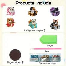 6件套钻石画冰箱贴 - 多色小猫图案，DIY钻石画套装，闪亮不对称钻石效果，适合家居装饰 - 彩色 - 查看 10