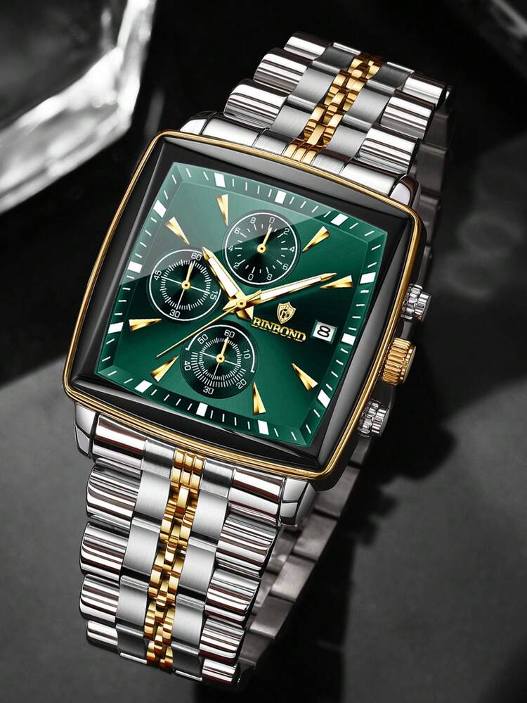 BINBOND B911 Luxury Square Sport Man Wristwatch Waterproof Luminous Chronograph Quartz Men's Watches Stainless Steel Men Watch - Green - View 4