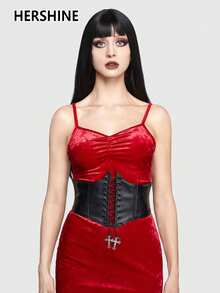 Hershine 1 pezzo Cintura vita da donna con decorazione a croce e occhielli, adatta per yoga quotidiano e modellatura, cintura corpetto vintage. Adatta per circonferenza busto sotto il seno delle donne, cintura vita in PU aderente - nero - Visualizzare 6