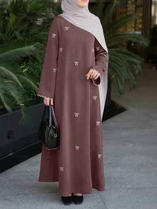 女士优雅蝴蝶结刺绣伊斯兰长袍 - 长款正式及休闲斋月礼服，及地长袍，适合斋月、祈祷、旅行 - 伊斯兰服装，宗教服饰，精致刺绣春季款 - 乾枯玫瑰色 - 查看 3