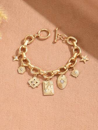 1 st unik design modern minimalistisk lyx geometrisk kubisk strass solstråle stjärna måne hänge handgjord vävd kedja mångsidig kvinnorarmband, lämplig för vardagskläder, musikfestivaler, Thanksgiving, jul, Ramadan, casual outfits, pendling, utflykter, söt och snygg present, handgjord, lämplig för födelsedag, vänskap eller smyckespresenter