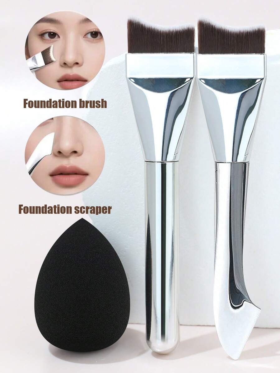 1 Dual-Ended Foundation Brush, 1 Teardrop Makeup Sponge Puff (Dual-Ended Fishtail Foundation Brush, Crescent-Shaped Flat Head, Ultra-Thin, Smooth Foundation Application Brush, Does Not Absorb Too Much Product, Dedicated For Foundation Liquid),Brush Set,Makeup Brush Kit,Make Up Brush Set,Make Up Set Complete,Makeup Brush Set,Complete Makeup Kit,Brush Kit,Brushes Makeup Set,Makeup Gift Set,Set - Multicolor - View 1