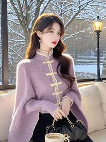 中国風チャイナドレスショールセーター女性用 - ゴールドボタン付きの柔らかいスタンドカラージャケット、結婚式、文化イベント、オフィス用のゆったりとした長袖コート（洗濯機洗い可） - 春秋用パープルトップス - 薄紫 - チェックする 6