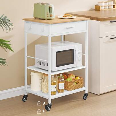 Carrito de Cocina con Ruedas, Isla de Cocina Móvil, 45 x 98,7 x 90 cm, con Toallero, 2 Cajones, 2 Ganchos, para Comedor, Beige Rbole y Blanco