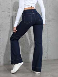 Pantalones vaqueros de piernas anchas para mujeres, tejidos sólidos, botones, materiales opacos y micro - elástico, todos los artículos - Azul vaquero - Ver 2