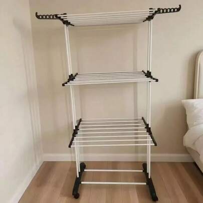 1pc 3-Layer Stainless Steel Clothes Storage Rack, Foldable Clothes Drying Rack, Clothes Dryer Rack Bracket, Black, Gray, Blue, Adjustable Rolling Clothes Drying Rack, Equipped With Foldable Clothes Drying Rod, Large Clothes Dryer With Wheels, Suitable For Indoor And Outdoor Use, Clothes Drying Rack, Back To School, Valentine's Day, New Year