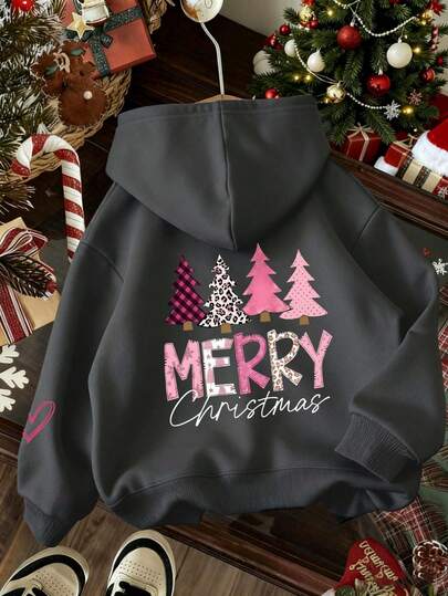 Christmas-Tween Girl Christmas Tree & Merry Christmas Slogan Print Sweatshirt, Fleece Soft Top, Suitable For Autumn/Winter Daily Wear, Christmas Party, Streetwear Style, Fashionable Kids Autumn/Winter Top