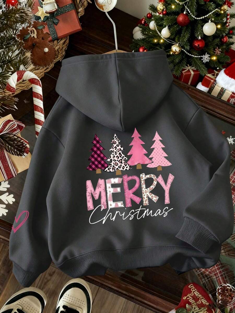 Christmas-Tween Girl Christmas Tree & Merry Christmas Slogan Print Sweatshirt, Fleece Soft Top, Suitable For Autumn/Winter Daily Wear, Christmas Party, Streetwear Style, Fashionable Kids Autumn/Winter Top