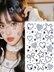 4片/1片闪亮星星和心形水钻贴纸，适合圣诞妆容、节日派对、Y2K风格音乐节，DIY眼部和面部宝石贴纸，颜色有黄色、绿色、蓝色、粉色，适用于舞蹈表演、派对、角色扮演、婚礼、假纹身 - 彩色 - 查看 10