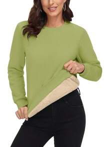 MAGCOMSEN Sudadera Térmica con Forro de Sherpa para Mujer, con Cuello Redondo, Forro Polar, Cálida Y Gruesa - Verde Oliva - Ver 12