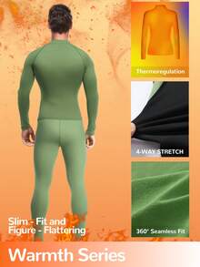 Bộ đồ giữ nhiệt cổ cao bằng vải nỉ dành cho nam - Màu xanh lá cây và đen với đường chỉ khâu tương phản, sọc thể thao | Giữ ấm tuyệt vời cho hoạt động trượt tuyết ngoài trời, co giãn mềm mại thoải mái trong nhà | Lớp lót giữ ấm nhanh khô | Sản phẩm thiết yếu/Quà tặng mùa thu đông, giữ ấm hiệu quả. - màu xanh lá - Xem 2