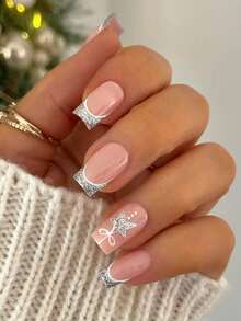 24片圣诞星闪粉美甲贴纸，短方形，亚克力假指甲套装，含1片果冻胶和1把指甲锉，非常适合圣诞美甲，也适合女性日常和节日佩戴。 - 銀色 - 查看 8