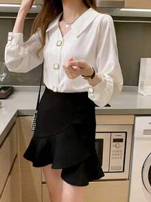 优雅长袖设计缎面衬衫，别致成熟港风 - 白色 - 查看 5