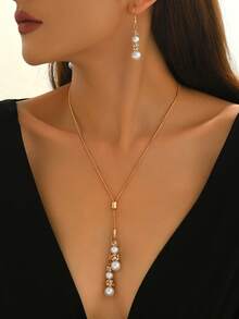 2Pcs Set Gold Fashion Jewelry - Includes 1 Adjustable Length Simple Snake Bone Chain Necklace With Water Drop Pendant And 1 Pair Matching Snake Bone Chain Water Drop Dangle Earrings, Suitable For Party Dresses And Everyday Wear, Minimalist And Elegant Design