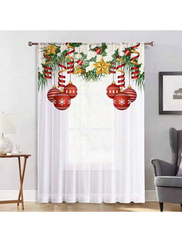 Cortina transparente de Natal com estampa 2D plana em vermelho, dourado e branco, estilo elegante e festivo, feita de fibra de poliéster, ideal para casas alugadas, salas de estar, cozinhas e quartos. Removível e lavável, perfeita para janelas pequenas.