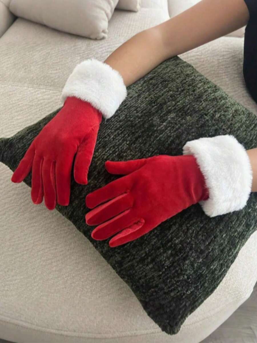 1 Pair Santa Claus Costume Accessories Gloves, Cute Red Plush Gloves With White Trim, Suitable For Women, Polyester Fabric Cosplay Party Props In Pop Culture Style Christmas - A - View 1