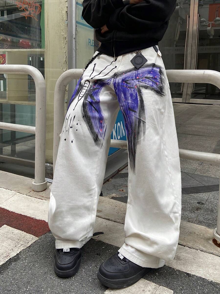 1pc American Street Style Men's Hand-Painted Wide Leg Jeans, Loose Fit Versatile Casual Denim Pants (Belt And Accessories Not Included) - White - View 1