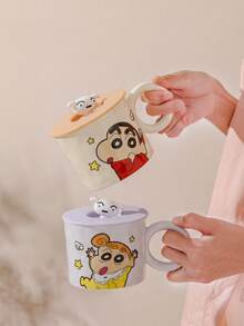 CRAYON SHINCHAN 蜡笔小新陶瓷马克杯带盖，牛奶咖啡杯，早餐杯，可爱设计多功能马克杯，耐用可重复使用水杯，适合盛装冷热饮品，适合作为生日和圣诞节礼物 - 彩色 - 查看 3