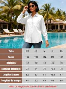 Camisa informal de manga larga para mujer con cuello alto en color liso y un bolsillo frontal, perfecta para el trabajo o el día a día - Blanco - Ver 9