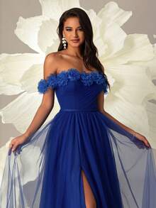 VIPGIRL Vestido de noche elegante de gasa azul real con hombros descubiertos, decorado con volantes florales y abertura alta - Vestido de gala formal para ocasiones especiales - azul real - Ver 7