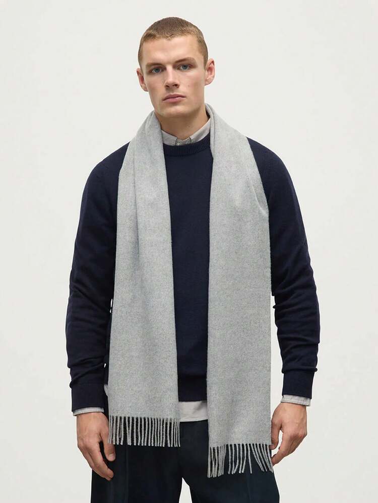 1pc Classic Herringbone Pattern Fringed Solid Color Cashmere Scarf, Unisex Fashion Casual Windproof Warm Shawl, Comfortable Blanket Scarf, Suitable For Daily Wear, Autumn/Winter - Light Grey - View 1