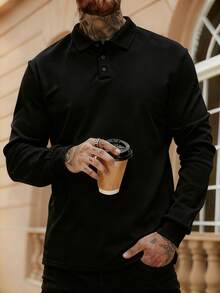 男士黑色长袖 Polo 衫，商务休闲通勤舒适百搭上衣，春秋季 - 黑色 - 查看 2