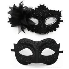 2pcs Lace Couple Masks, Masquerade Ball Masks, Bridal Costume Eye Masks, Venetian Party Masks, Suitable For Valentine's Day, Christmas, New Year Party, Costume Party (Includes Artificial Feathers) - Multicolor - View 3