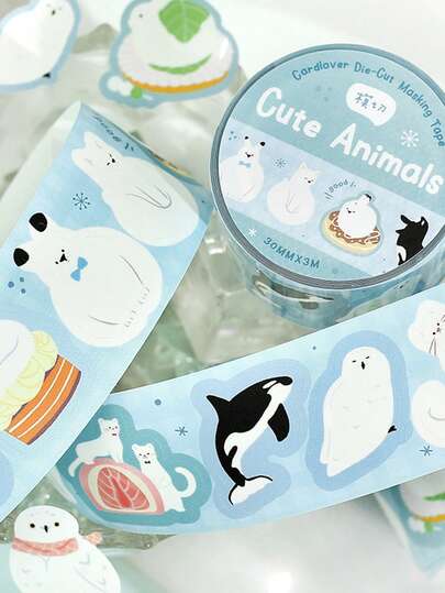 1 Roll Synthetic Paper Die-Cut Washi Tape, Polar Mail Series, Cute Animal Themed Scrapbooking Tape