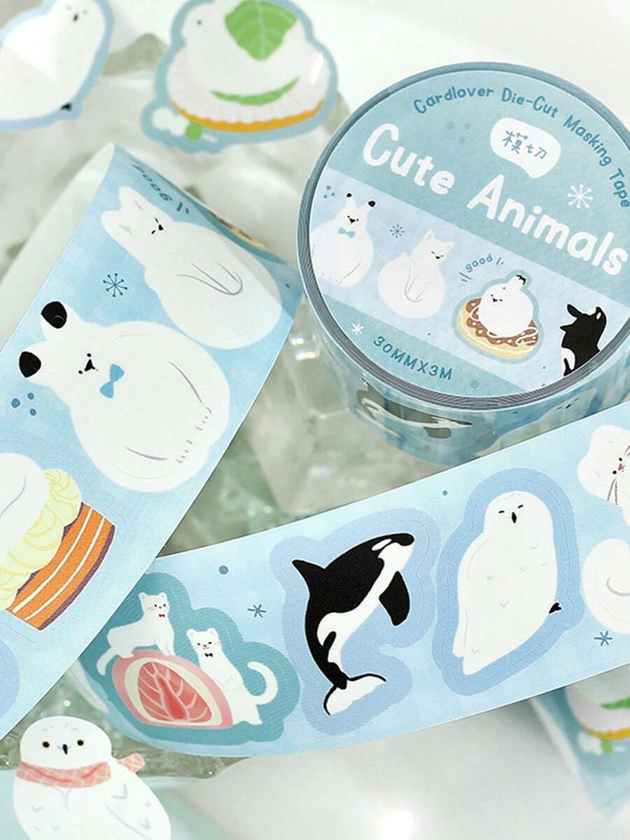 1卷合成纸模切和纸胶带，极地邮件系列，可爱动物主题剪贴簿胶带 - 彩色 - 查看 1