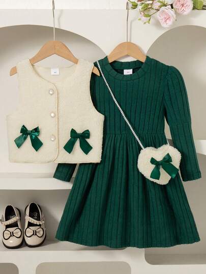 2 件套女童休闲套装 - 蝴蝶结装饰无袖上衣和长袖及膝连衣裙，女童时尚套装，春/秋/冬