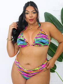 Women's Plus Size Bikini With High-Cut Thong, Elegant, Beachy, Summer, Pool, Sun, Heat, Black, Animal Print, Patterned, Blue, Triangle Top - Ruy-băng - Xem 3