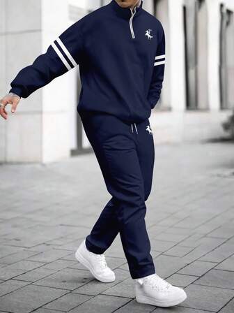 男士商务休闲印花拉链连帽衫和裤子套装