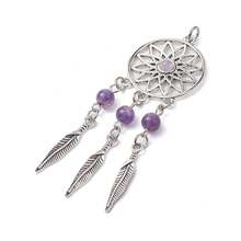 5 piezas, 5 estilos de colgantes de piedras naturales y sintéticas, tela metálica tejida/red con encantos de plumas, plateado, 78~80x26.5x4mm, orificio: 4mm, 1 pieza/estilo, para hacer collares, pulseras y suministros de joyería