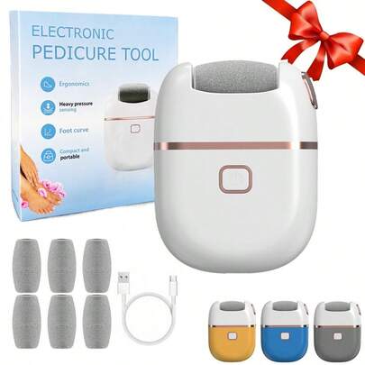 可充电电动磨脚器，电动去茧器，配备6个可替换磨头，加厚磨头适用于较厚的磨面，USB充电，500mAh锂电池持久耐用，便携易用，护肤，适用于干裂肌肤，手足护理工具，馈赠佳品