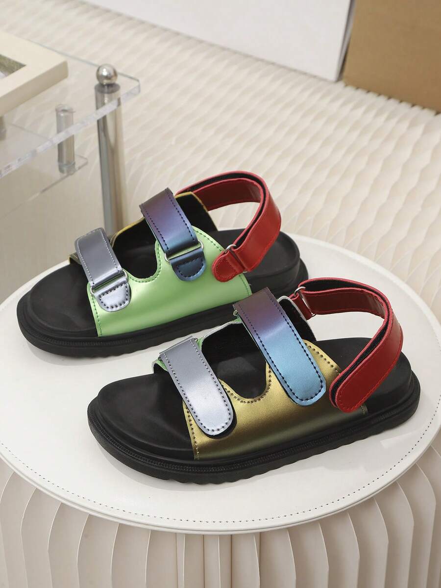 1 Pair Candy Color Thick Sole Hook & Loop Beach Sandals, Kids Open Toe Sandals, Baby Soft Bottom Shoes, Color Block Hook & Loop Decor, PU Material, Easy To Match Flat Heel, Outdoor Fashion Casual Shoes For Summer - Red Violet - View 1