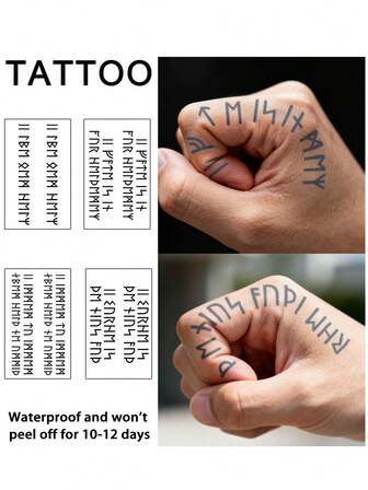 4Pcs Fake Tattoo Temporary Tattoos Semi Permanent Tattoo Viking Letter Geometric Y2K Waterproof Sweatproof Last For 1-2 Weeks Realistic Herbal Juice Anti-Friction Non-Reflective Black For Woman And Men Tattoo Stickers For Arm, Chest, Leg, Abdomen, Waist, Finger, Neck, Spine, Modernist Body Art
