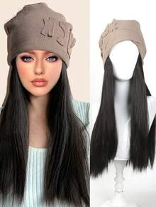 女士假发和帽子一体式设计，16英寸长直发合成假发，保暖柔软，适合秋冬季节佩戴。