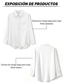 Camisa informal de manga larga para mujer con cuello alto en color liso y un bolsillo frontal, perfecta para el trabajo o el día a día - Blanco - Ver 8