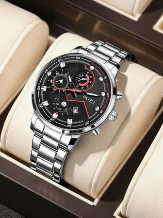 SOKI SOKI Men's Watch 1 Piece Business Casual Style, Date Function, Removable Steel Bracelet, Round Dial Quartz Watch Ideal For Daily Wear Or Gifting No Packaging Box Included