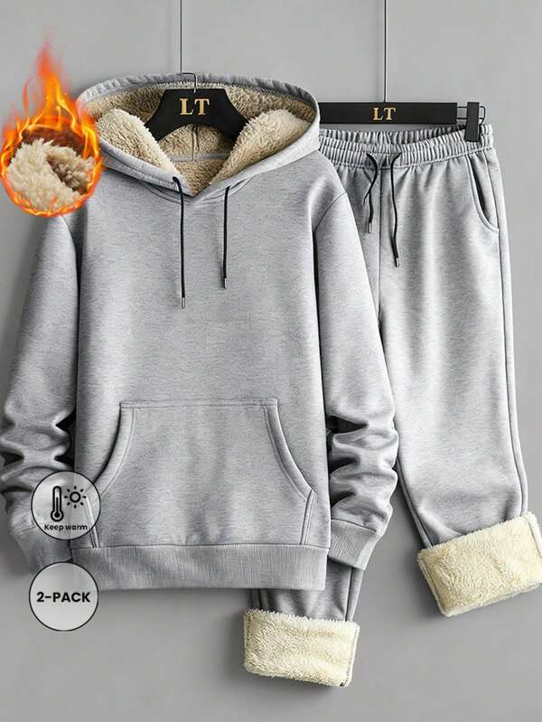 2 Stücke Set Herren einfarbiger warmer Sweatshirt Herren Set Pullover mit Herbst- und Winterplüsch Warm Kapuze, Thermisches Langarm-Hose Pullover, Kapuzen-Sweatshirt Set Thermisch Herren, Winterkleidung, geeignet als Lässig-Geschenk für Freunde, Ehemann, Freund, Unisex Kapuzenpullover