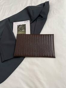 1个PU皮革纯色编织纹理女士日常信封式手拿包，简约优雅，节日礼物 - 咖啡 - 查看 6